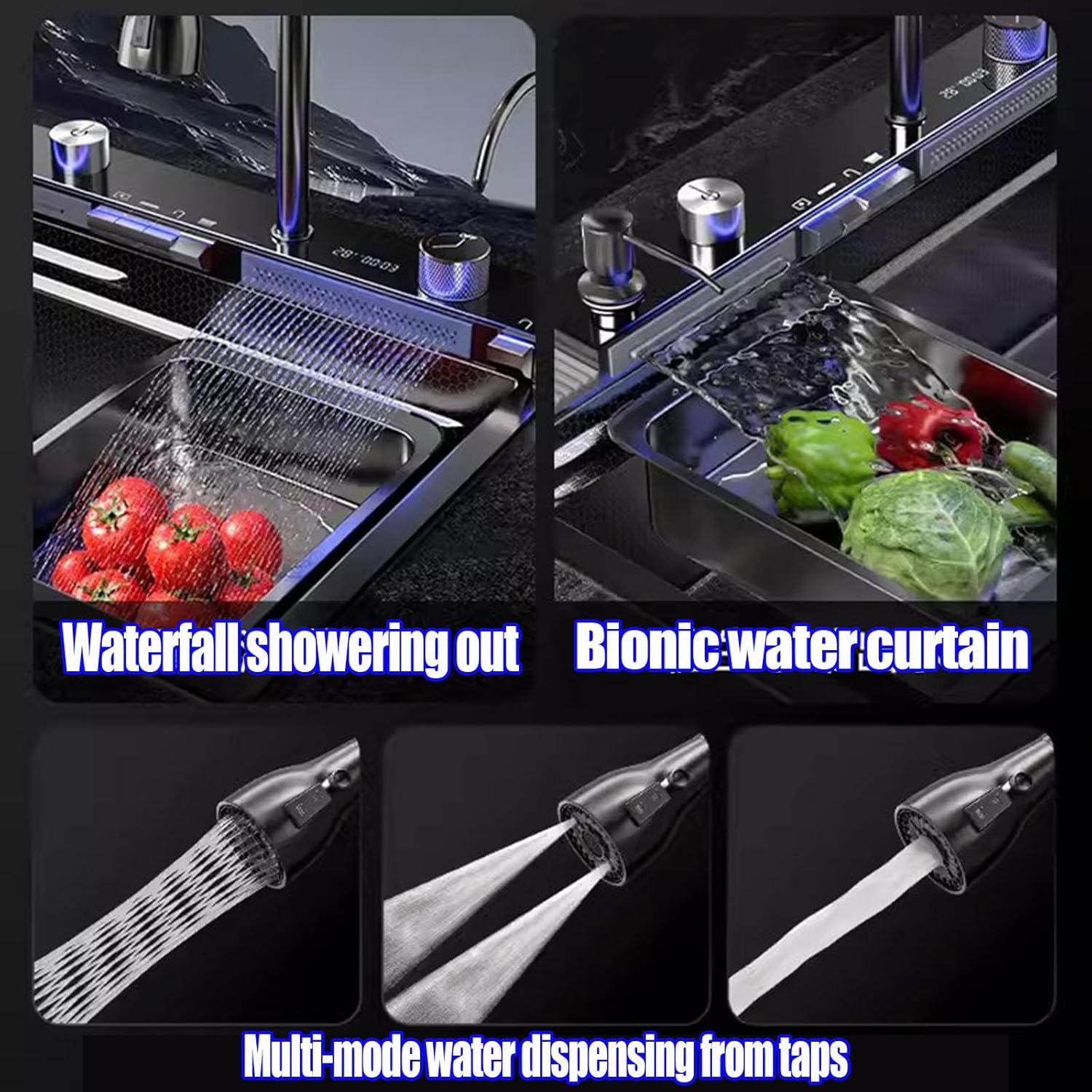 Kitchen sink double waterfall sink with LED display with cup washer, soap dispenser, waterfall mixer, worktop controller, etc. workstation kitchen sink (Gun grey, 29.5 * 18.1 * 8.7 IN)